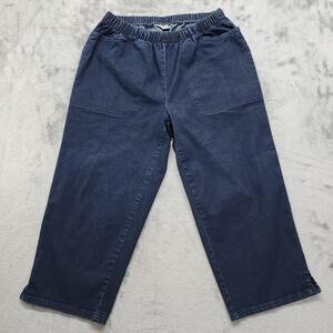Woman Within Jeans 14W Blue Dark Wash Pull On Crop Capri Side Slit Hem Stretch